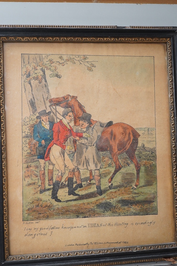 After Henry Thomas Alken (1784-1851), set of six colour prints, Hunting scenes, published by Thomas Mclean, 1826, 27 x 22cm. Condition - fair, discolouration throughout